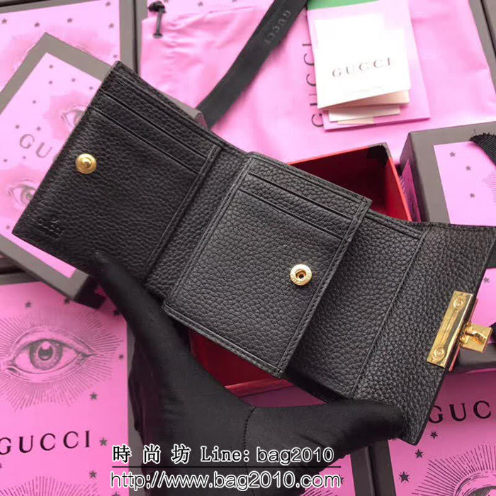 GUCCI古馳 歐洲正品原單 padlock系列 最新款短皮夾 453155 黑色摔紋全皮 WTG1191